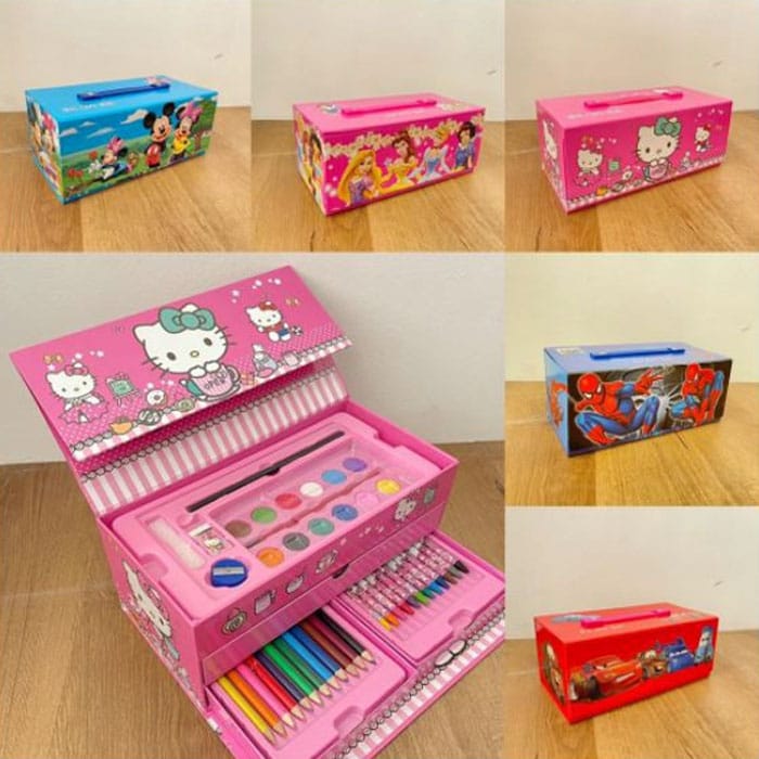 Multi Colour 54 Pieces Kids Art Artist Set In A Box With Drawers Pens Pencils Crayons Paints Providing Creative Designs - Boys