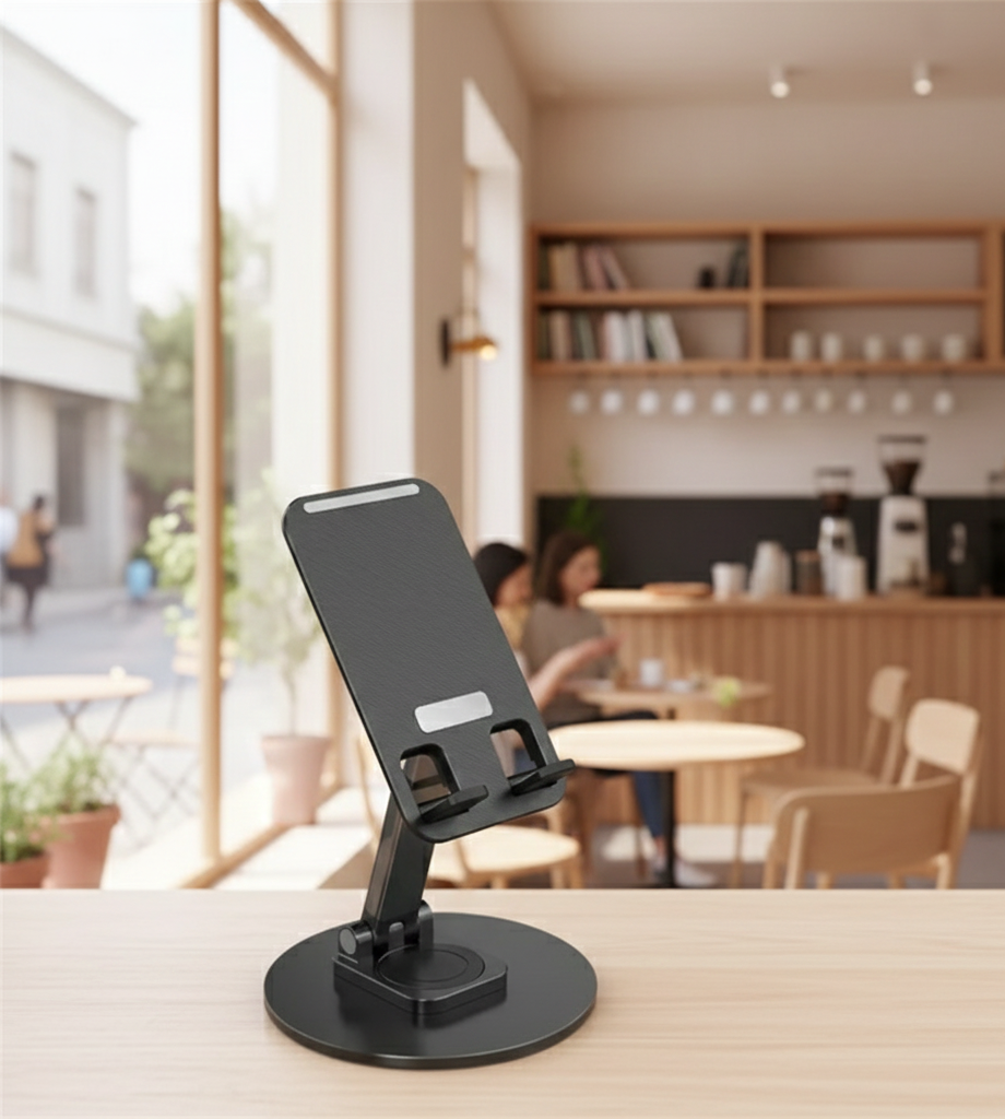 Sleek Matte Black Universal Adjustable Desktop Phone Stand for Home Gym Office and Kitchen Surface Stability