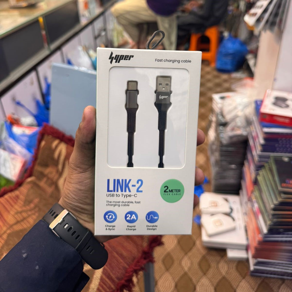 Yolo Hyper LINK-2 USB to Type C Charging Cable (Y-084) – Durable Nylon Braided, 2m, Fast 2A Charging & Data Transfer