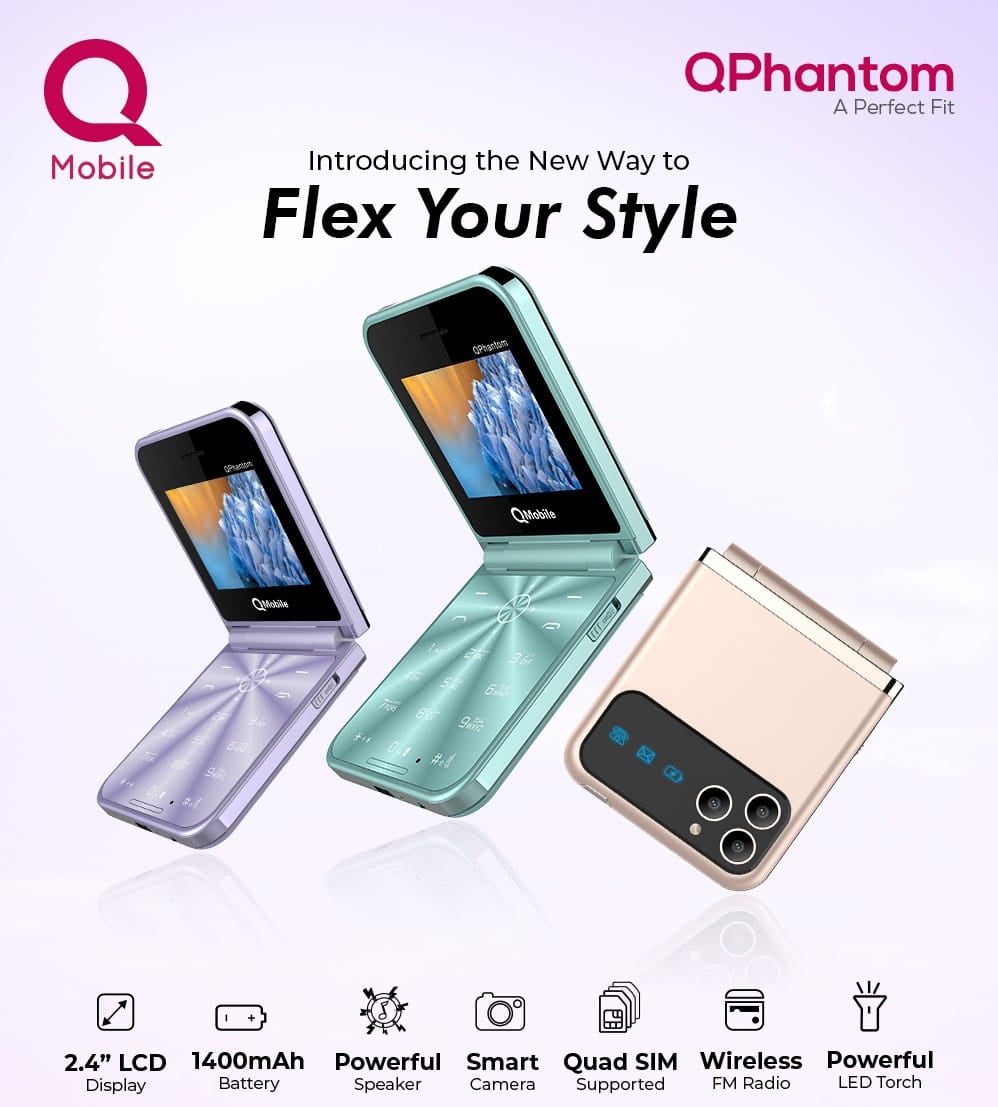 QMobile Phantom Fold 2.4 Inch Display PTA Approved Mobile With 1400mAh Battery 4 SIM Support And Type C Charger (Random Color)