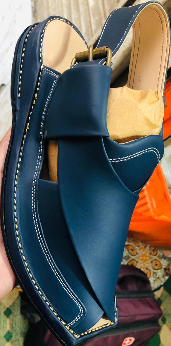 Blue Zalmi Leather Peshawari Chappal Offering Traditional Craftsmanship With Stylish Design And Comfortable Wear - 10