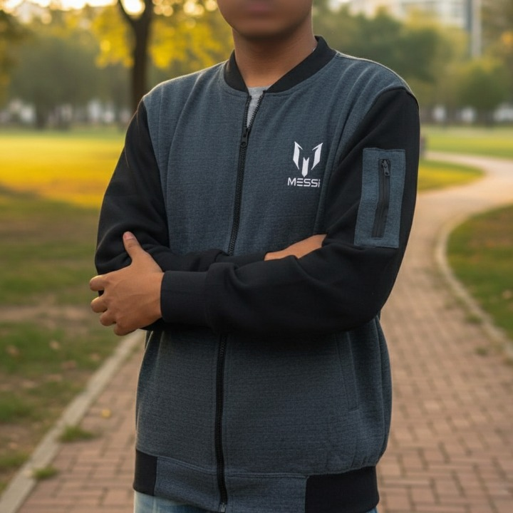 New Winter Collection Charcoal Grey Messi Printed Zipper Jacket for Men & Boys – Premium French Fleece, Smart Fit, Stylish & Comfortable Winter Wear - Extra Large