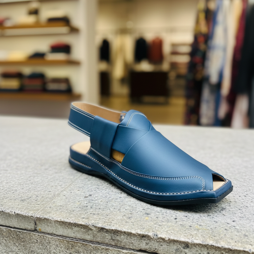 Blue Zalmi Leather Peshawari Chappal Offering Traditional Craftsmanship With Stylish Design And Comfortable Wear - 10