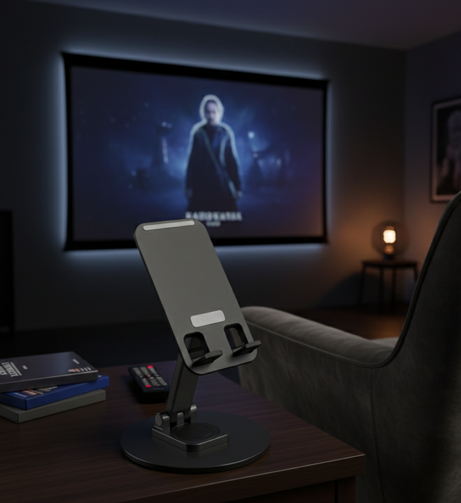 Sleek Matte Black Universal Adjustable Desktop Phone Stand for Home Gym Office and Kitchen Surface Stability