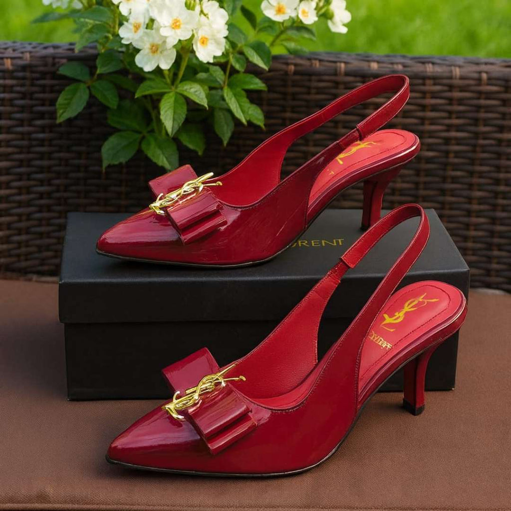 Burgundy Kitten Heel Shoes For Women – Stylish Slingback Design With Gold Accent Bow, Comfortable Fit, And Classy Glossy Finish (10)