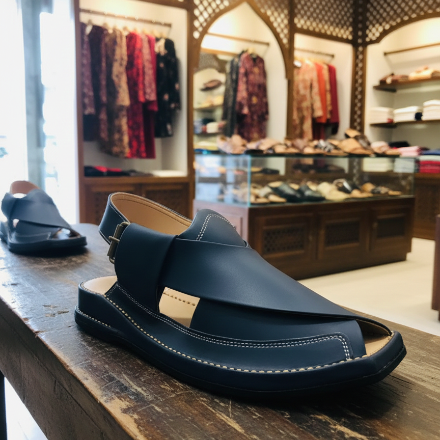 Blue Zalmi Leather Peshawari Chappal Offering Traditional Craftsmanship With Stylish Design And Comfortable Wear - 10
