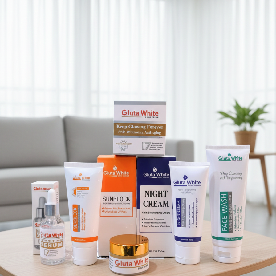 Gluta White 5 Piece Skin Care Set Brightening Face Wash Serum Night Cream Sunblock Complete Beauty Kit