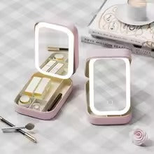 Portable Folding Makeup Mirror Jewellery Box – 3-Color LED Beauty Mirror, Multi-Function Personal Care Organizer